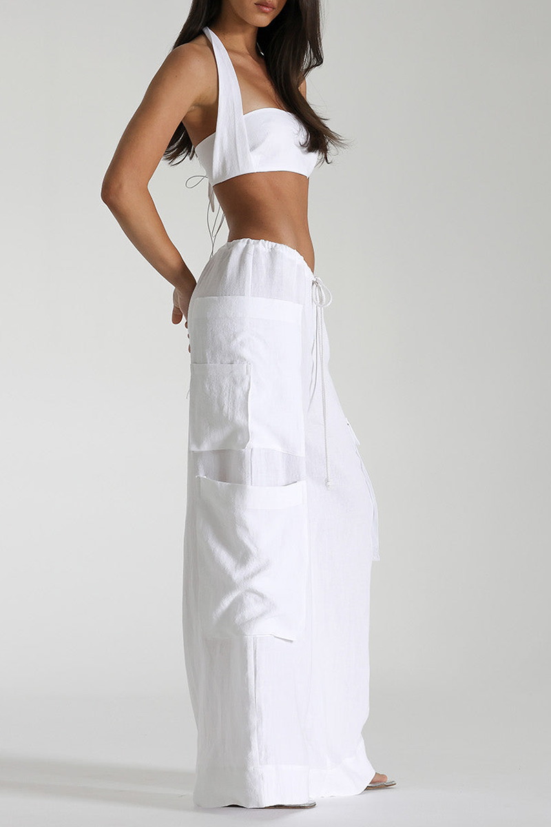 Halter Crop Top Oversize Pocket Wide Leg Pants Matching Set-Yellow-Hayhty.All Rights Reserved.
