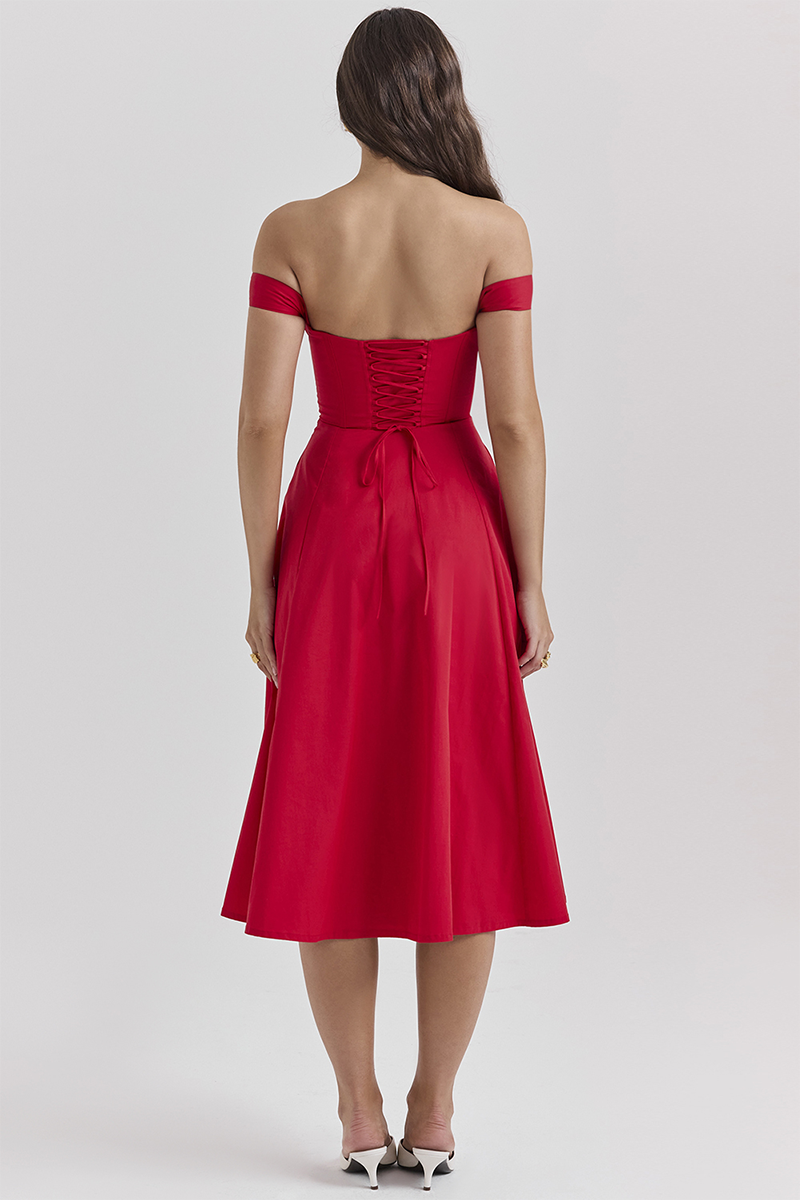 Dropped Shoulder Corset A-Line Slit Solid Color Midi Dresses-Red-Hayhty.All Rights Reserved.