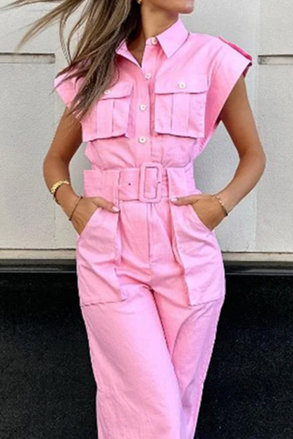 Turndown Collar Half Button Cap Sleeve Belt Wide Leg Jumpsuit-Pink-Hayhty.All Rights Reserved.