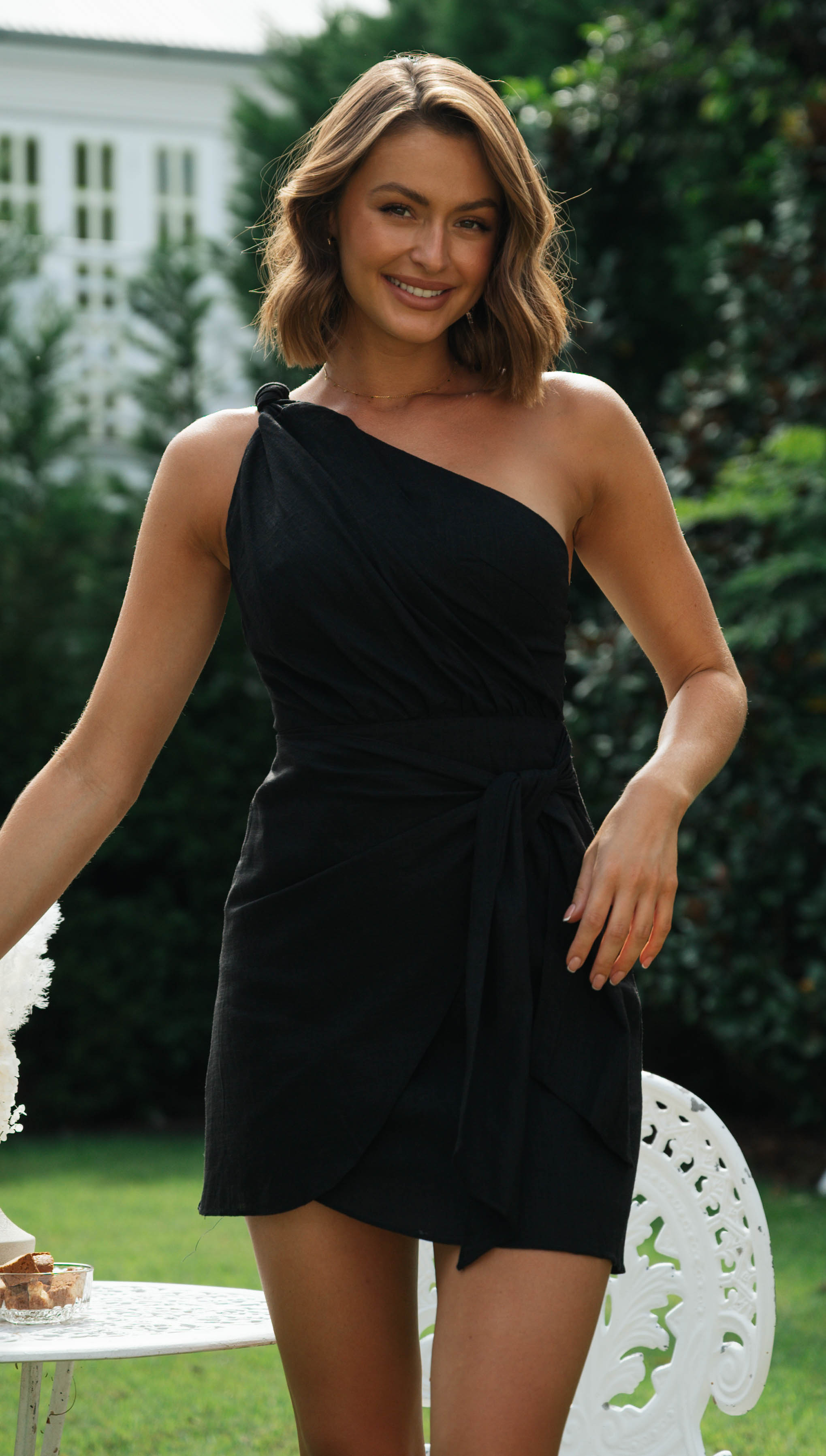 One Shoulder Knot Wrap Tie Mini Dress-Hayhty.All Rights Reserved.