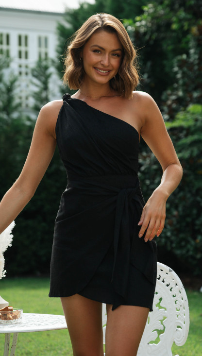 One Shoulder Knot Wrap Tie Mini Dress-Hayhty.All Rights Reserved.