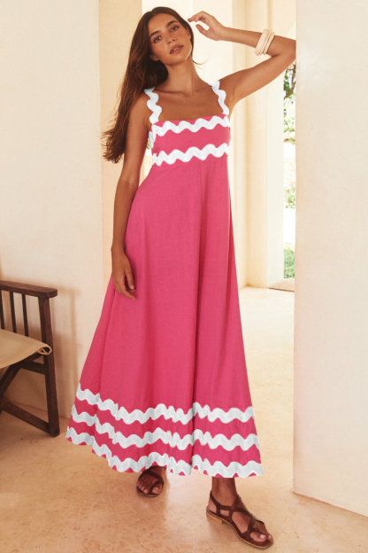 Colorblock Ripple Trim Vacation Slip Maxi Dresses-Black-Hayhty.All Rights Reserved.