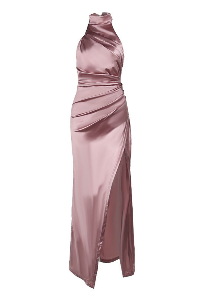 Satin High Neck Sleeveless Slim Fit High Slit Side Gowns Formal Party Maxi Dresses-Black-Hayhty.All Rights Reserved.