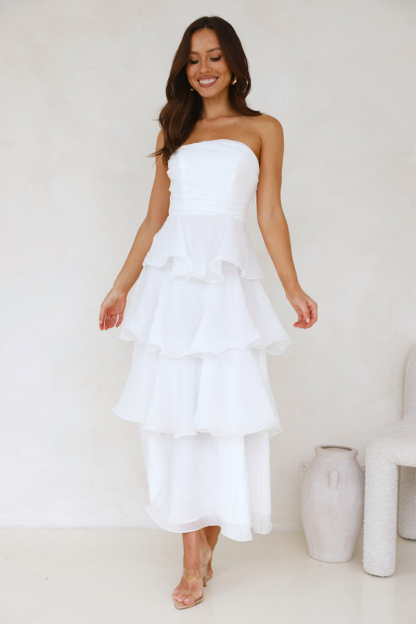 Strapless A-Line Layered Ruffled Hem Maxi Dresses-White-Hayhty.All Rights Reserved.