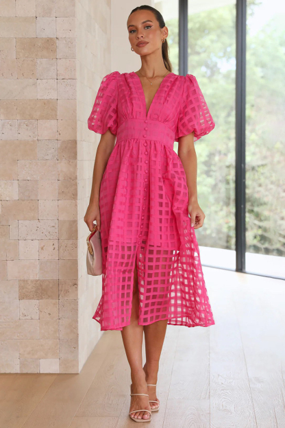 V Neck Lantern Short Sleeve Button Slit Mesh Plaid Vacation Midi Dress-Hayhty.All Rights Reserved.