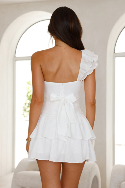 Ruffled One Shoulder Strap Cutout Tiered Hem Mini Dresses-White-Hayhty.All Rights Reserved.
