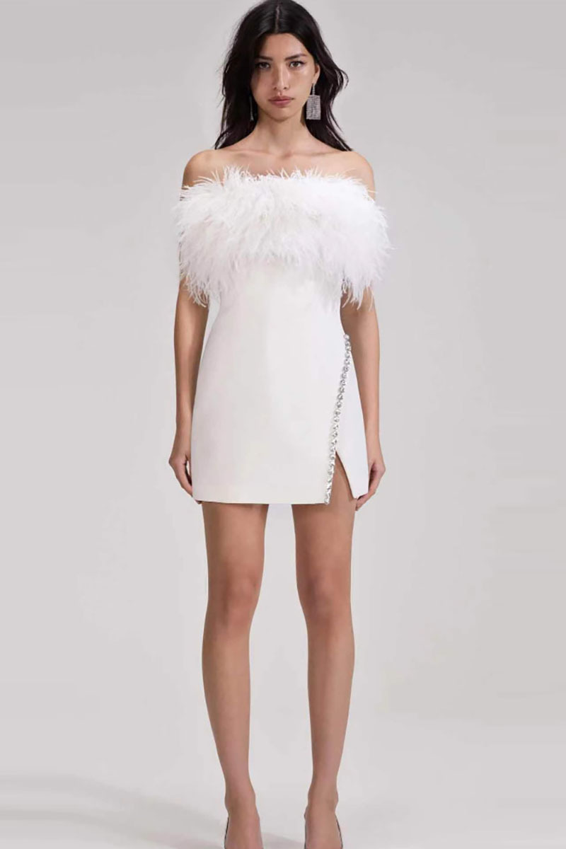 Feather Strapless Slim Fit Rhinestone Trim Slit Cocktail Party Mini Dresses-Black-Hayhty.All Rights Reserved.