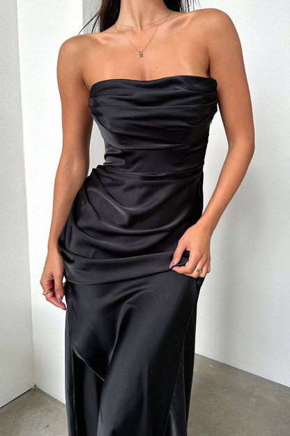 Ruched Strapless Boat Neck Bodycon High Slit Gowns Maxi Dresses-Hayhty.All Rights Reserved.