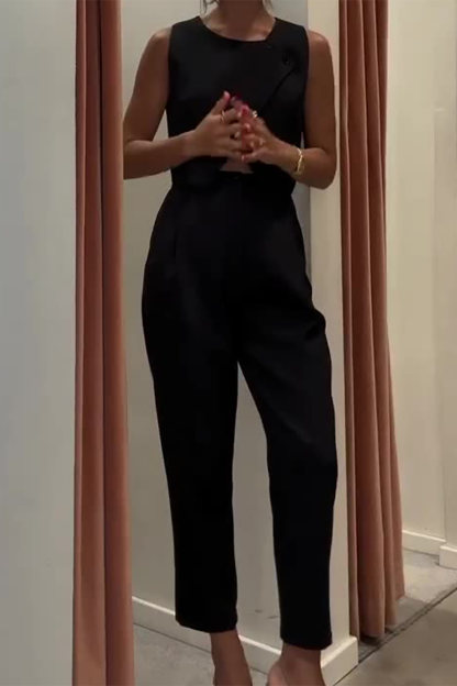 Round Neck Slit Crop Vest Solid Color Straight Leg Pants Matching Set-Grey-Hayhty.All Rights Reserved.