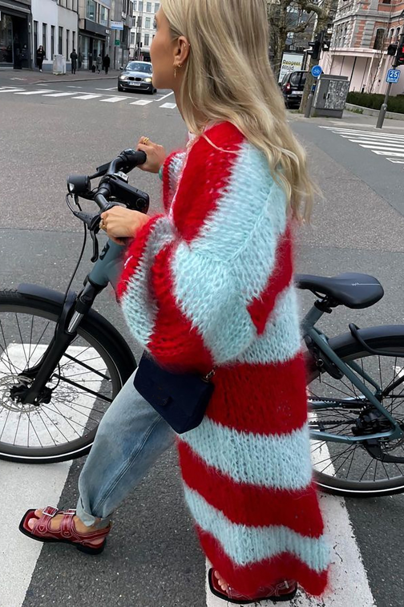 Colorblock Balloon Sleeve Open Front Sweater Long Cardigan-Green-Hayhty.All Rights Reserved.