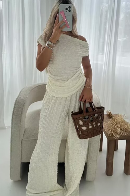 Skew Neck Asymmetric Top Wide Leg Textured Pants Matching Set-Beige-Hayhty.All Rights Reserved.