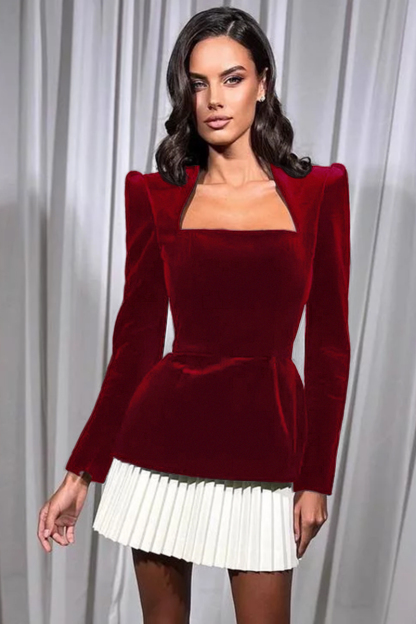 Long Sleeve Colorblock Patchwork Pleated Hem Velvet Mini Dresses-Black-Hayhty.All Rights Reserved.