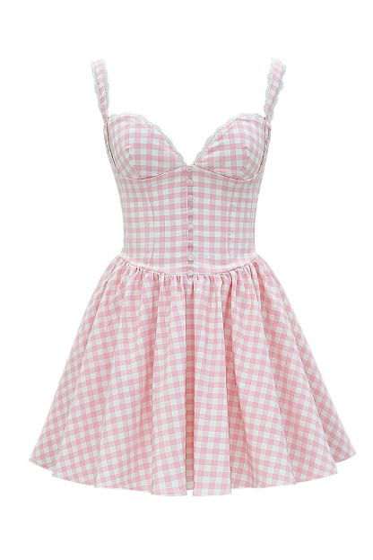 Plaid Print Lace Trim Button A-Line Mini Cami Dresses-Pink-Hayhty.All Rights Reserved.