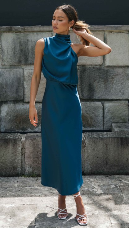 Turtleneck Sleeveless Satin Midi Dresses-Hayhty.All Rights Reserved.