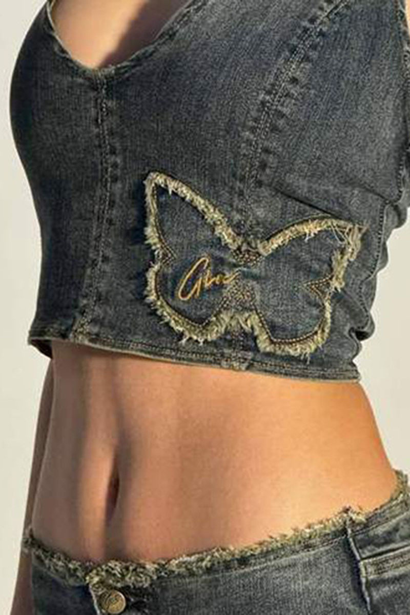 V Neck Halter Backless Frayed Butterfly Patch Denim Crop Top-Blue-Hayhty.All Rights Reserved.