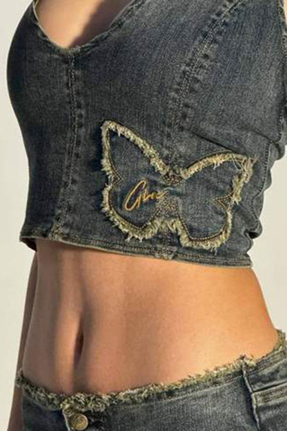 V Neck Halter Backless Frayed Butterfly Patch Denim Crop Top-Blue-Hayhty.All Rights Reserved.
