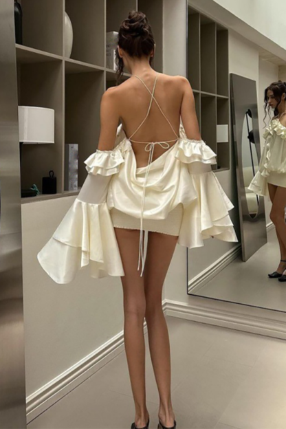 Off Shoulder Ruffled Flare Sleeve Backless Halter Mini Dresses-Ivory-Hayhty.All Rights Reserved.