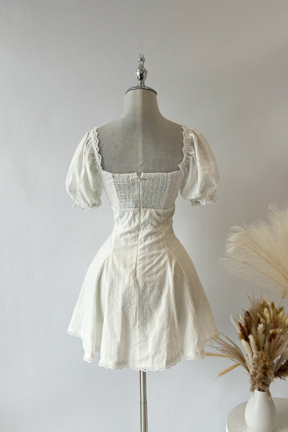Square Neck Puff Sleeve Striped Godets Mini Dresses-White-Hayhty.All Rights Reserved.