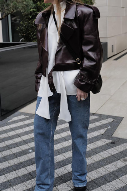 Notch Collar Long Sleeve PU Leather Crop Jacket-Burgundy-Hayhty.All Rights Reserved.