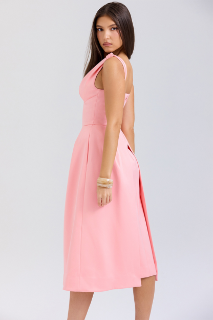 Deep V Neck Cinch Waist Satin Midi Tank Dresses-Pink-Hayhty.All Rights Reserved.