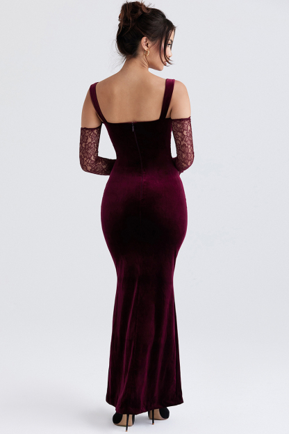 Cold Shoulder Lace Sleeve Bodycon Velvet Formal Party Maxi Dresses-Hayhty.All Rights Reserved.