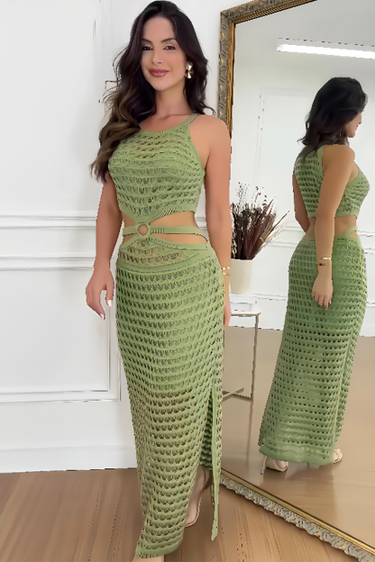 Knit Cutout Round Neck Slim Fit Side Slit Maxi Tank Dresses-White-Hayhty.All Rights Reserved.