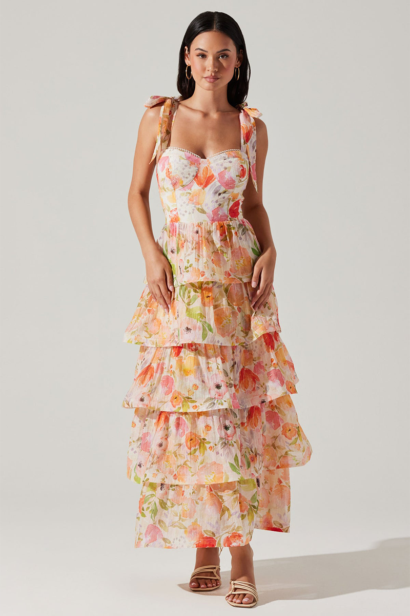 Tied Up Straps Floral Print Layered Hem Maxi Dresses-Orange-Hayhty.All Rights Reserved.