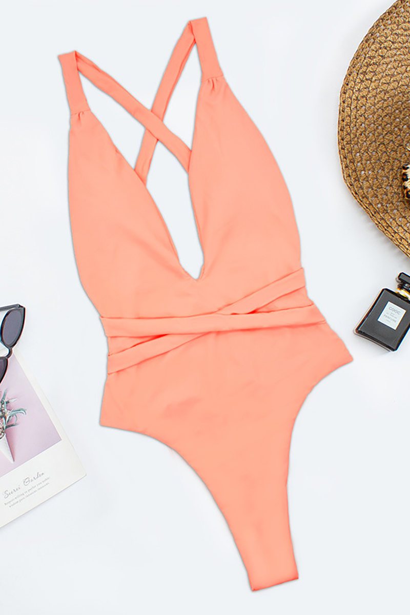 Deep V Neck Crossover Backless Tie Up One-Piece Swimsuit-Orange-Hayhty.All Rights Reserved.