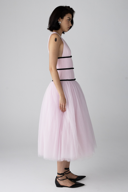 Ribbon Wrapped Deep V Neck Tulle A-Line Midi Dresses-Pink-Hayhty.All Rights Reserved.