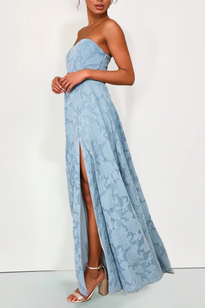 Sweetheart Neckline Strapless Slit Jacquard A-Line Gowns Maxi Dresses-Pink-Hayhty.All Rights Reserved.