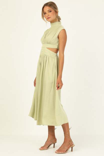Stand Collar Sleeveless Open Waist Dress Maxi Dresses-Hayhty.All Rights Reserved.