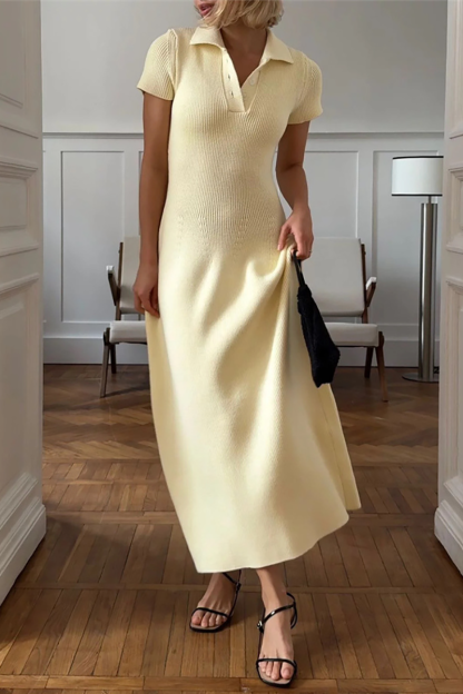 Knit Turndown Collar Short Sleeve Solid Color Maxi Dresses-White-Hayhty.All Rights Reserved.