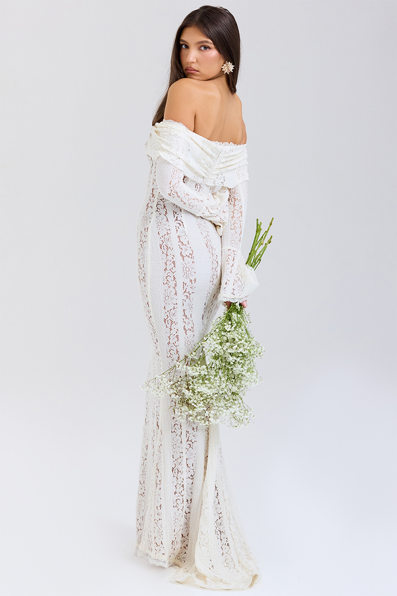 Floral Lace Off Shoulder Flare Sleeve Fishtail Maxi Dresses-White-Hayhty.All Rights Reserved.
