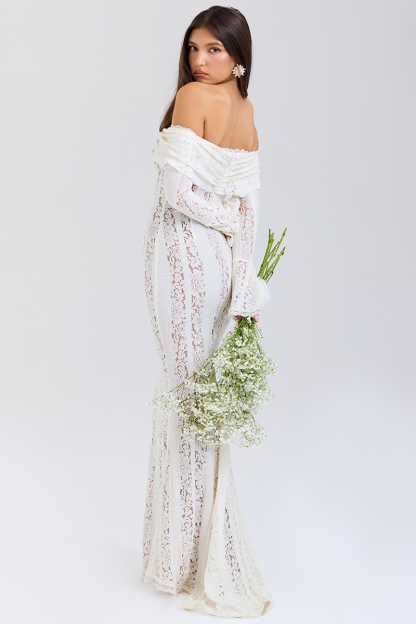 Floral Lace Off Shoulder Flare Sleeve Fishtail Maxi Dresses-White-Hayhty.All Rights Reserved.