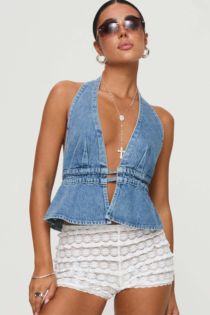 Deep Plunge Neckline Tie Up Open Back Denim A-Line Halter Neck Top-Blue-Hayhty.All Rights Reserved.
