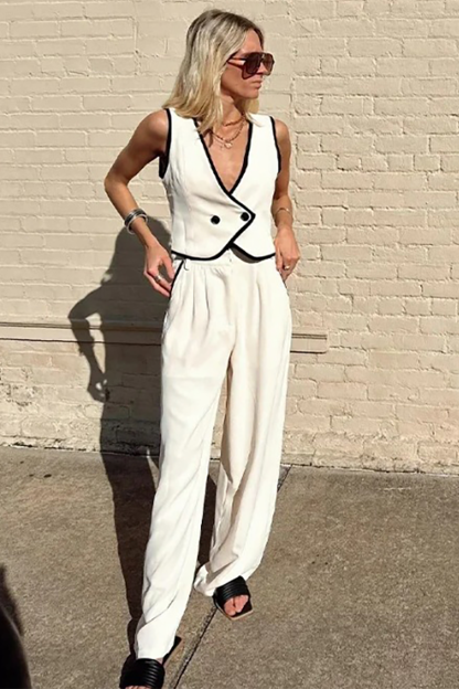 Contrast Binding Deep V Neck Vest Wide Leg Pants Matching Set-Beige-Hayhty.All Rights Reserved.