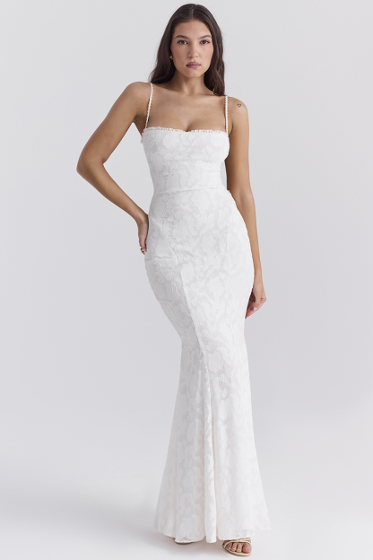 Jacquard Lace Back Lace Up Fishtail Hem Slip Maxi Dresses-White-Hayhty.All Rights Reserved.