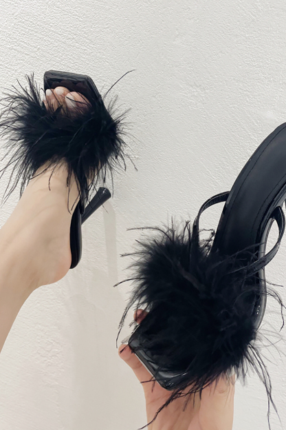 Feather Square Toe Slip On High Heel Sandals-Hayhty.All Rights Reserved.