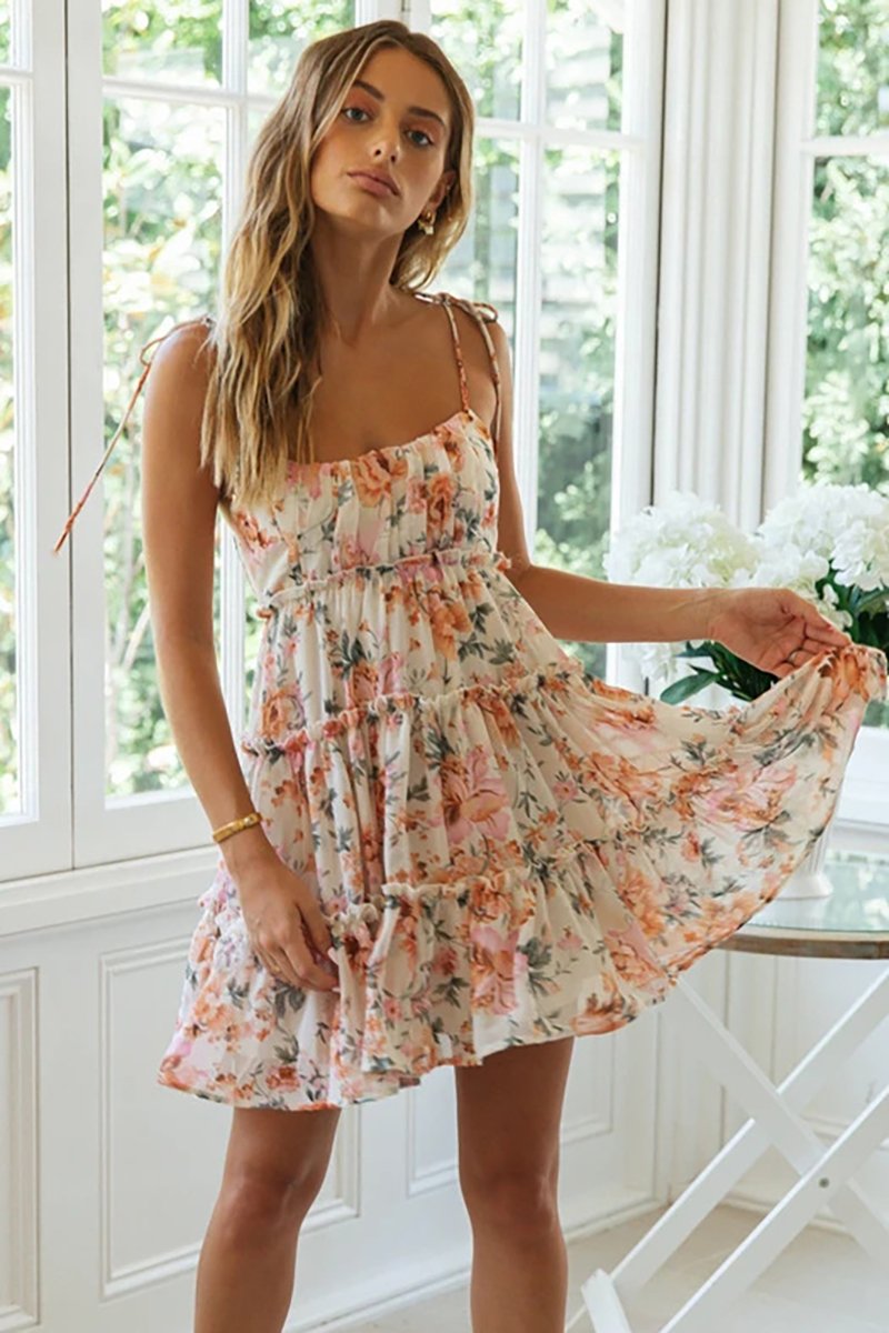 Floral Print Vacation Tied Up Boat Neck All Over Tiered Pleated Tulle Slip Mini Dresses-Hayhty.All Rights Reserved.
