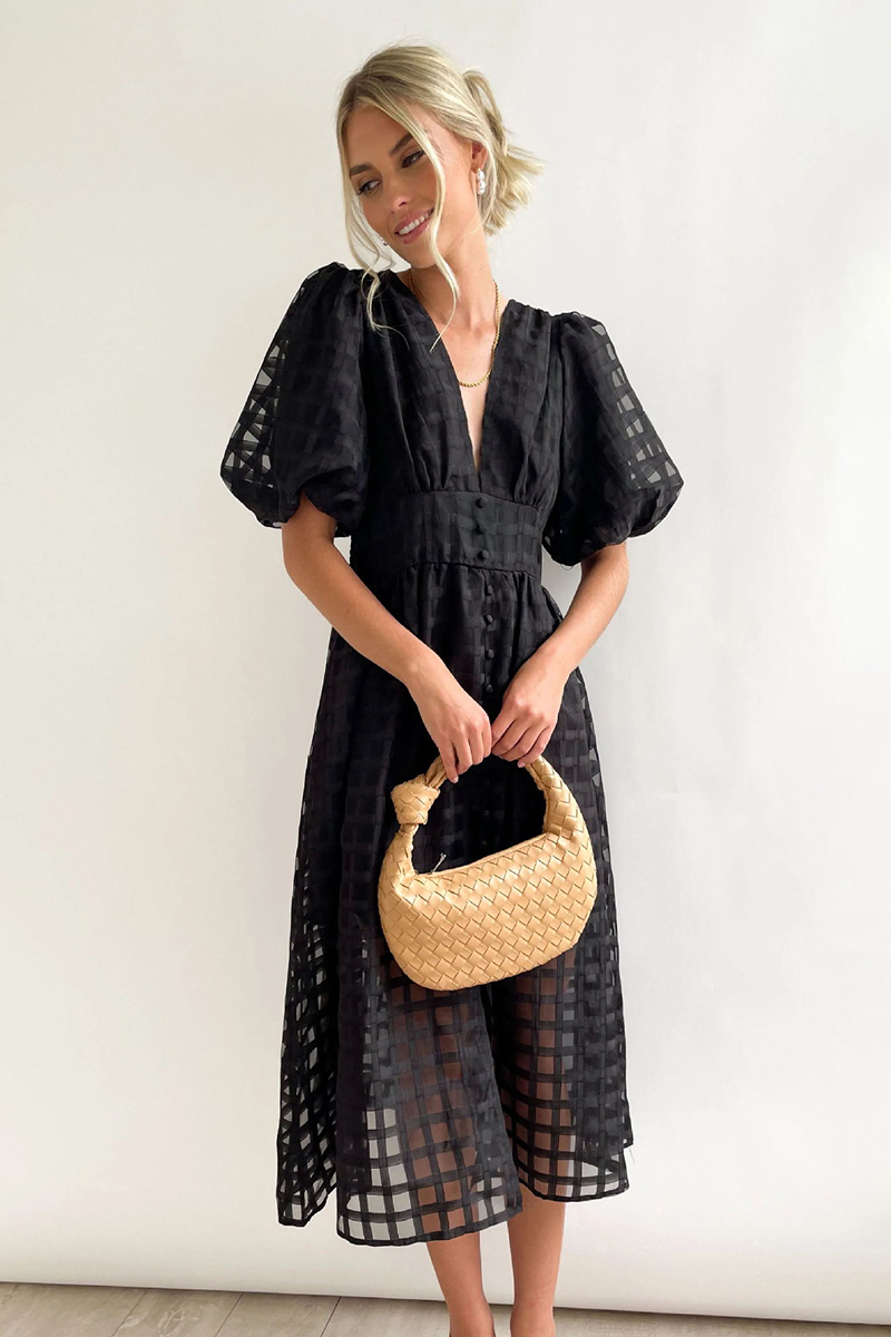 V Neck Lantern Short Sleeve Button Slit Mesh Plaid Vacation Midi Dress-Hayhty.All Rights Reserved.