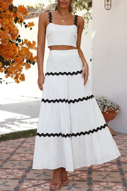 Colorblock Ripple Trim Crop Cami High Waist A-Line Maxi Skirt Matching Set-White-Hayhty.All Rights Reserved.