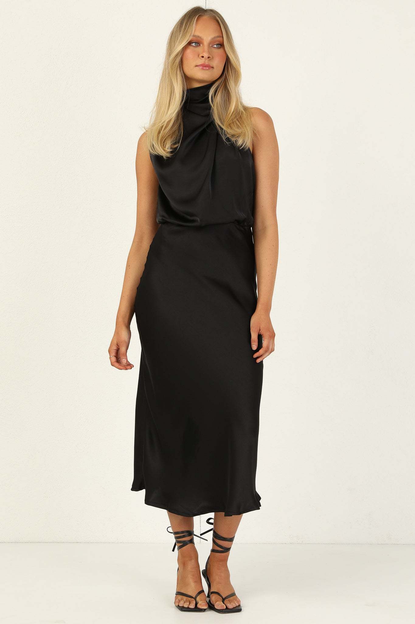 Turtleneck Sleeveless Satin Midi Dresses-Hayhty.All Rights Reserved.