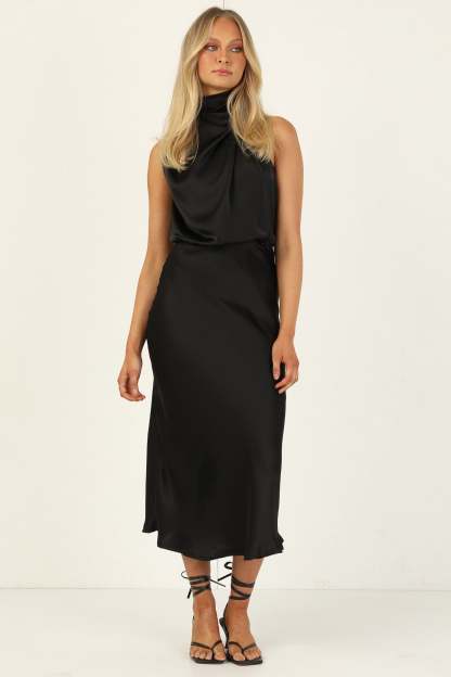 Turtleneck Sleeveless Satin Midi Dresses-Hayhty.All Rights Reserved.