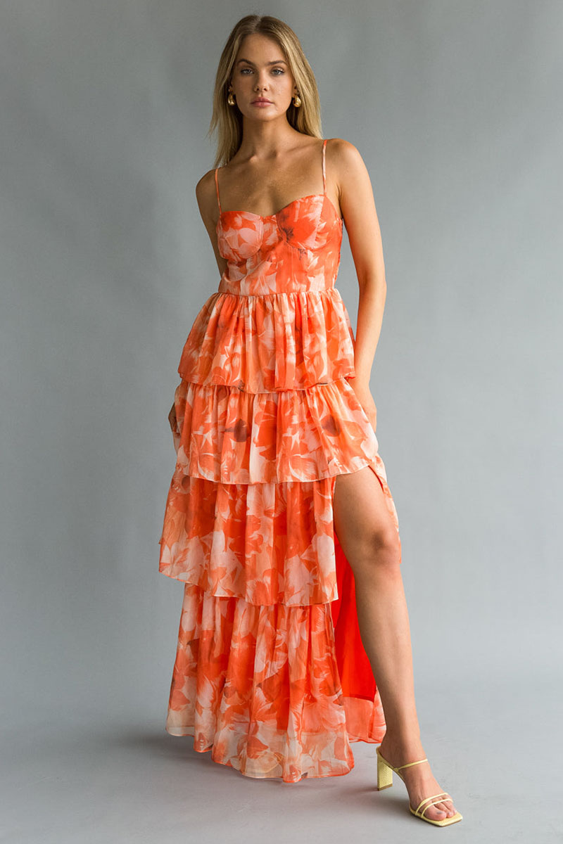 Floral Print Tiered Ruffle Wedding Guest Maxi Slip Dresses-Orange-Hayhty.All Rights Reserved.