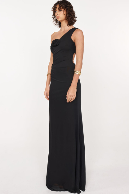 3D Flower Ruched Backless One Shoulder Gowns Maxi Dresses-Black-Hayhty.All Rights Reserved.