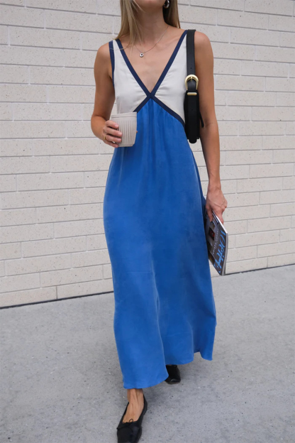 Deep V Neck Colorblock Loose Fit Maxi Tank Dresses-Green-Hayhty.All Rights Reserved.