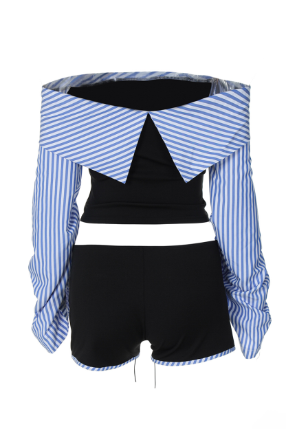 Striped Patchwork Ruched Long Sleeve Lace Up Crop Top Shorts Matching Set-Black-Hayhty.All Rights Reserved.
