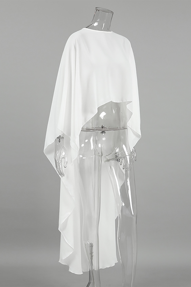 Round Neck Batwing Sleeve Irregular High-Low Flowy Top-White-Hayhty.All Rights Reserved.
