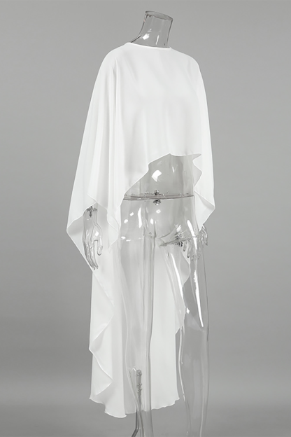 Round Neck Batwing Sleeve Irregular High-Low Flowy Top-White-Hayhty.All Rights Reserved.