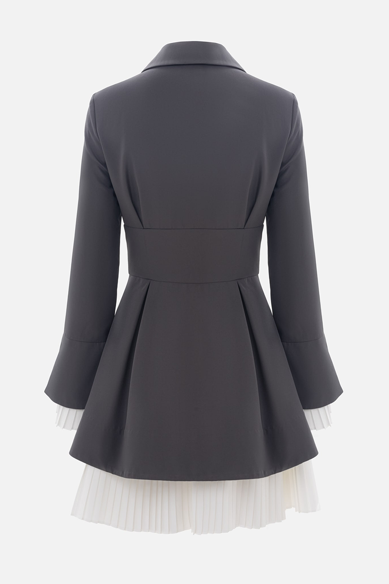 Long Sleeve Button Up Colorblock Pleated Blazer Mini Dresses-Grey-Hayhty.All Rights Reserved.